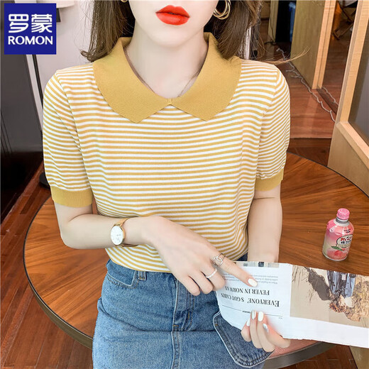 Romon striped doll collar short-sleeved T-shirt for women 2025 summer new ice silk sweater thin small age-reducing top DX691# yellow M Recommended 100-120Jin [Jin equals 0.5 kg]