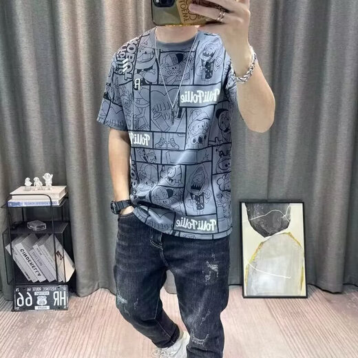 冰丝短袖t恤男2025夏季新款满身印花体恤衫修身半袖冰感男装汗衫 绿色 846 XL 846