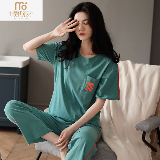 Pajama modal para mujeres en verano algodón puro manga corta delgada 2025 El nuevo algodón informal de verano se puede usar fuera de los pantalones ropa para el hogar 7374 frijoles verde XL [120140Jin [Jin iguala 0.5 kg]]]