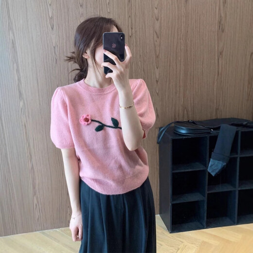 NJSKAKW粉色正肩短款T恤上衣女春夏季新款针织衫百搭小香风泡泡袖针织衫 白色 均码 12247【80-115斤】