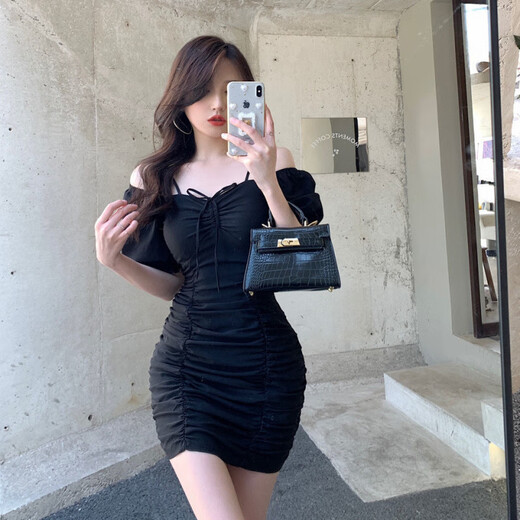 COLORFUL GEMS off-shoulder Polo neck dress Spring and autumn niche artistic short skirt 1047# blue S suggested 80-90Jin [Jin equals 0.5 kg]