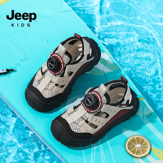 Jeep children's Baotou sandals 2025 new summer men and women's river tracing shoes outdoor wading shoes non-slip beach shoes rice wine red 32 inner length of the shoe is about 20.6cm