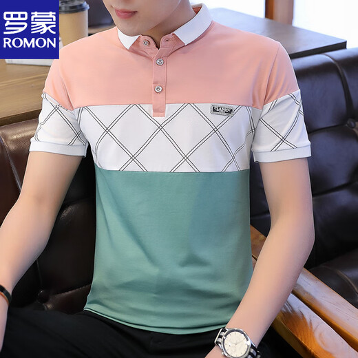 Camiseta de color corta de seda de Romon Ice Seda de colección de camisa de moda de estilo coreano de verano. Camisa ropa de algodón de algodón de algodón de media manga de la camisa DG-1301 Color de albaricoque L 106-120Jin [Jin equivale a 0.5 kg]