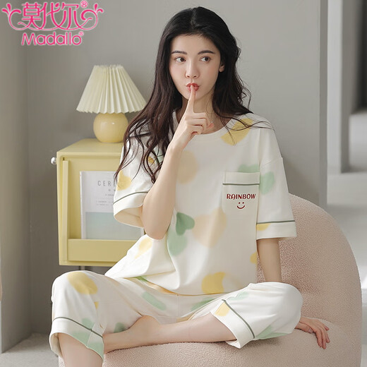 莫代尔睡衣女夏季新款纯棉短袖七分裤可外穿甜美休闲舒适全棉家居服套装 607灰色条纹 黑白条纹9848 M 建议75-90斤穿