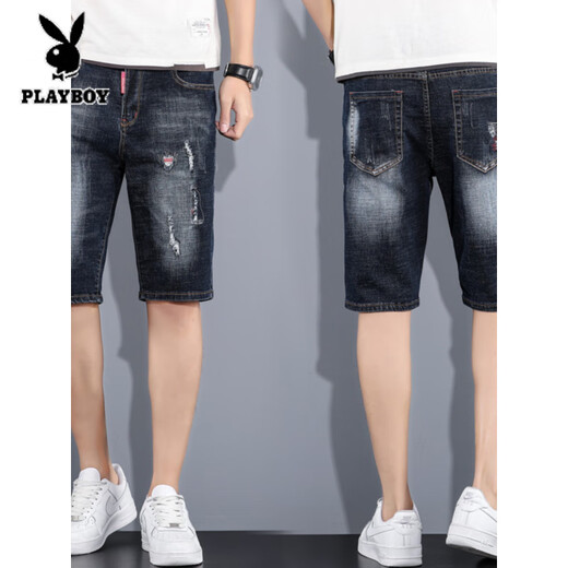 Playboy (PLAYBOY) Ripped Denim Shorts Men's Five-point Breeches Trendy Brand Ins Seven-point Mid-Pocket Trendy Half-point 5-point Pants Summer Thin K#869 Blue and Black [Five-point Micro-Boom] XL 32