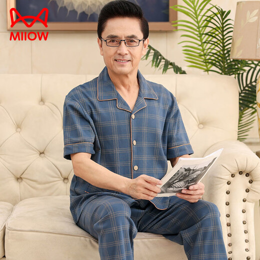 
Catman (MiiOW) Middle-aged dad pajamas men's summer short-sleeved trousers 100 pure cotton suit for the elderly to add fat and larger size thin style 698 L (recommended 110-130 Jin [Jin equals 0.5 kg])