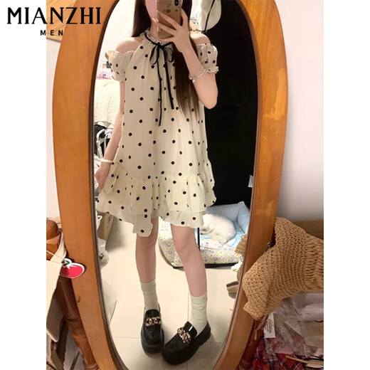 Cotton French sweet off-shoulder polka dot dress for women in summer 2025 new small temperament bow short skirt 674 picture color [high quality 38.5] XL 115-130Jin [Jin equals 0.5 kg]