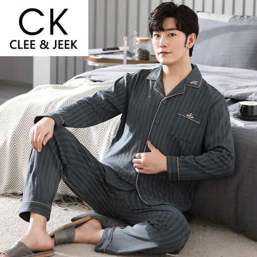 Clee/Jeek Herren Pure Cotton Pyjamas Langarmer Frühlings- und Herbst-Size-Strickjacken dünner Anzug für Herren-Heimkleidung MZ-3523 L [120-140jin [Jin ist gleich 0,5 kg]]