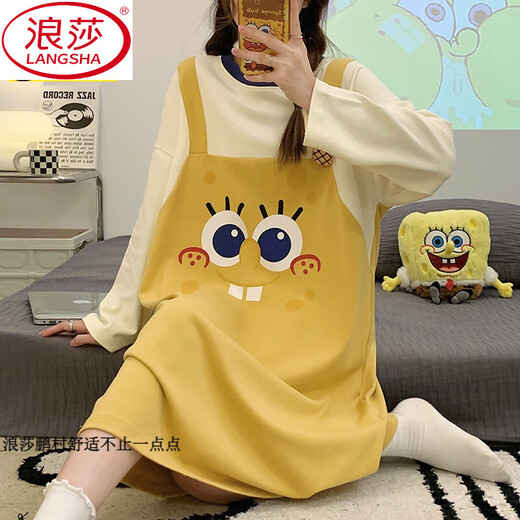 浪莎（LangSha）2025新款春秋季天长袖波点女士睡裙带胸垫一体大码睡衣孕妇家居服 16857 不带胸垫 M (建议体重80-100斤)