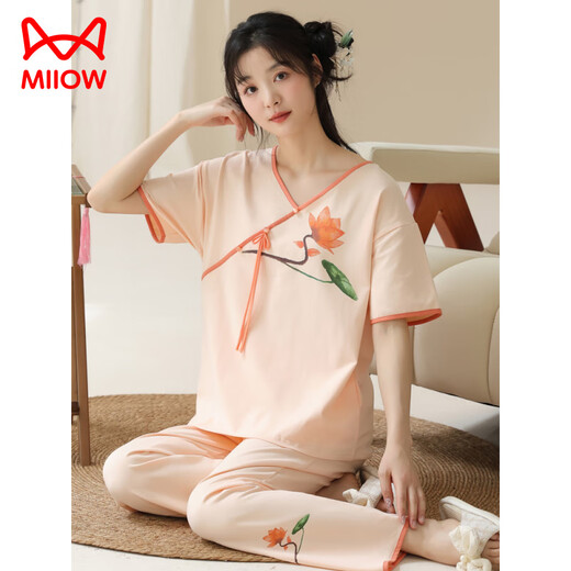 
Catman (MiiOW) summer women's short-sleeved pajamas set new Chinese style thin cotton home clothes and trousers can be worn outside for casual wear in summer LZY9905 XL (recommended 115-130Jin [Jin equals 0.5 kg])