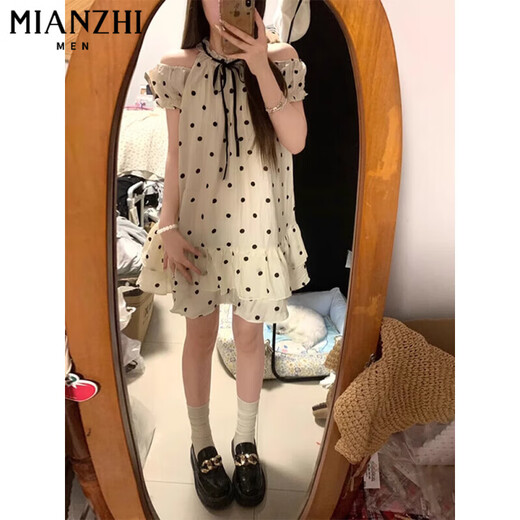 Cotton French sweet off-shoulder polka dot dress for women in summer 2025 new small temperament bow short skirt 674 picture color [high quality 38.5] XL 115-130Jin [Jin equals 0.5 kg]