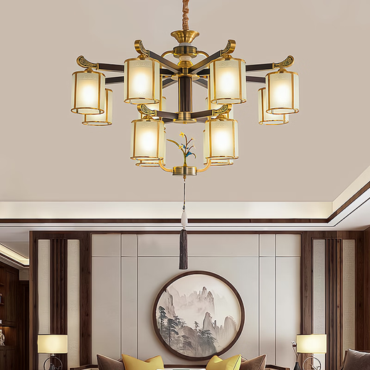 2025 neuer Stil neuer Stil Abwärts alle Kupfer Neuen chinesischen Stil Wohnzimmer Kronleuchter chinesischer Stil High-End-Atmosphäre Villa Restaurant Tea Room 9889-All Copper 6 Kopf Volles Spektrum Drei-Farben-LED-Licht