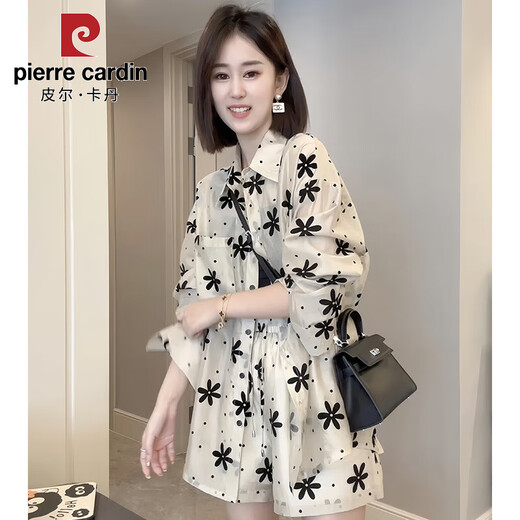 
Pierre CARDIN sunscreen shirt women's suit 2025 summer fashionable top shorts two-piece set fashionable 826 black rice flower set L recommended 105-115Jin [Jin equals 0.5 kg]