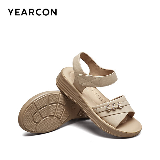 Yierkan Leather Shoes Women's Soft Sole Wedge Flat Shoes Middle-aged Mom Velcro Leather Sandals 11001W Apricot 38