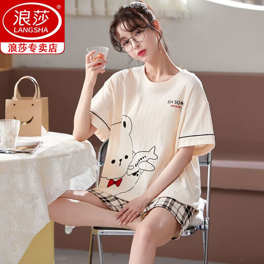 浪莎冰丝睡衣女夏季短袖2025年新款韩版可爱夏天薄款可外穿家居服套装 6630# XL 【推荐110-125斤】