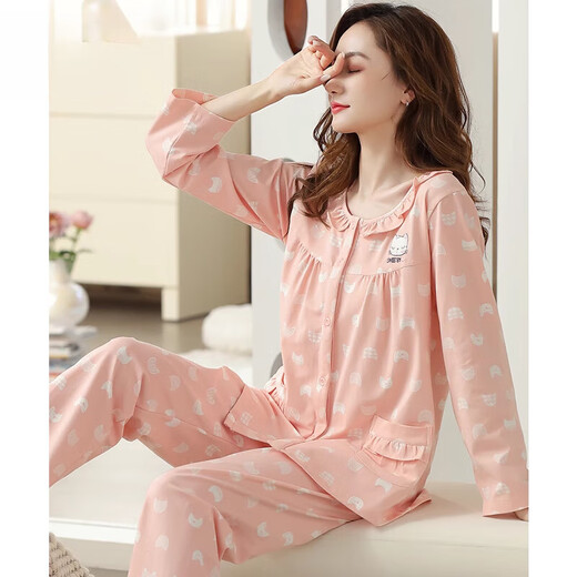 Caiyun Kali Pajamas para mujeres en primavera, otoño, verano, verano, otoño, ropa delgada de manga larga para el hogar del hogar de mediana edad de mediana tamaño, se pueden usar trajes de madre de gran tamaño C9272 Pasta de frijoles Cat impresa M (recomendado 90-110Jin [Jin equivale a 0.5 kg])