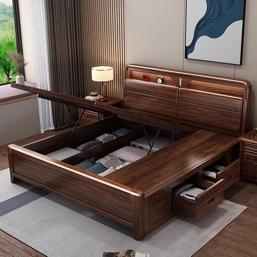 Zixi walnut solid wood bed 1.8 meters factory high box bedside storage with lights master bedroom thickened 2 meters double bed walnut single bed with night light/bull socket 1800*2000mm air pressure double extraction structure/full bed bed board
