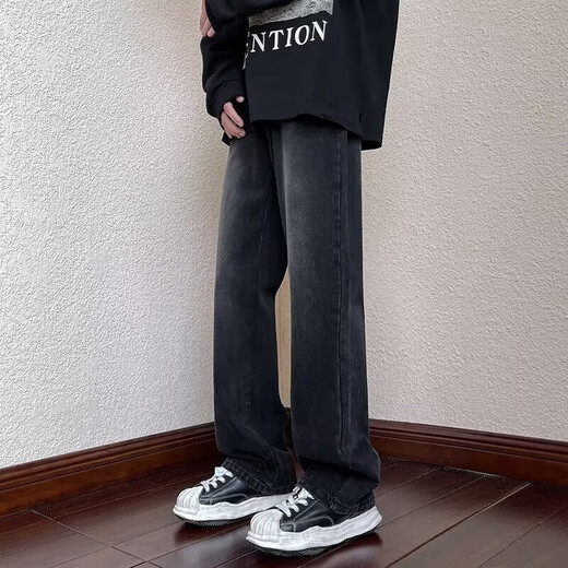 美式复古高街嘻哈春夏季渐变黑灰牛仔裤男宽松直筒阔腿潮长裤子男 XBNDMNZ-757黑色 S