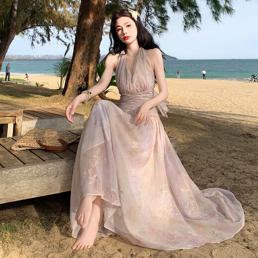 Yiou français jacquard broderie robe robe halter coude femmes printemps et vacances d'été plage de floral sexy jupe longue 9765 Twilight Beach S