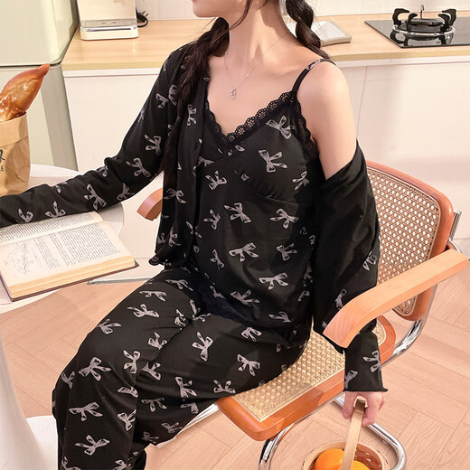 
RONGXITU Women's lace pajamas with chest pads, three-piece set for outdoor wear, spring, summer and autumn gray student style, three-piece set WX13803 gray (with chest pads) 170 M (80-100Jin [Jin equals 0.5 kg])