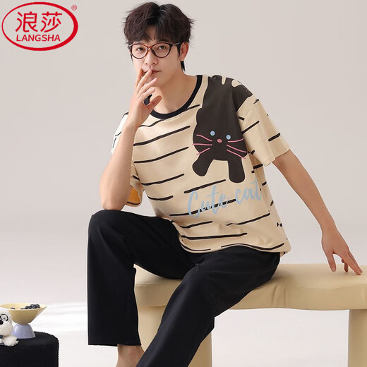 浪莎（LangSha）腊肠狗睡衣男夏季纯棉短袖长裤薄款青少年卡通学生家居服套装男 旗舰店-684初高中生夏季睡衣 L