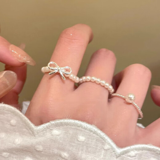 Luo Fanxin decorated S925 sterling silver bow pearl beaded ring women's ins niche index finger ring light luxury open stacking J6340