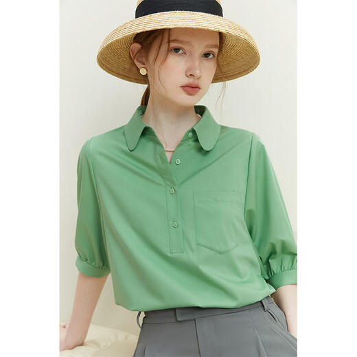 Fan Silan French temperament five-point sleeve top for women's summer polo collar age-reducing half-sleeved commuting shirt 12159 Glacier Blue. S