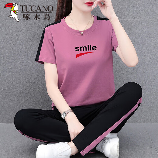 Woodpecker (TUCANO) summer thin sports suit for women 2025 new mother suit fashionable summer casual cotton short sleeve two-piece set 695 royal blue [trouser suit] M [recommended 80-95 Jin [Jin equals 0.5 kg]]