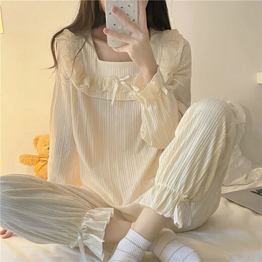 乐僖贝俫公主风睡衣甜美蝴蝶结长款家居服套装 1105蝴蝶花边领【长袖套装】 185 2XL 125-150斤