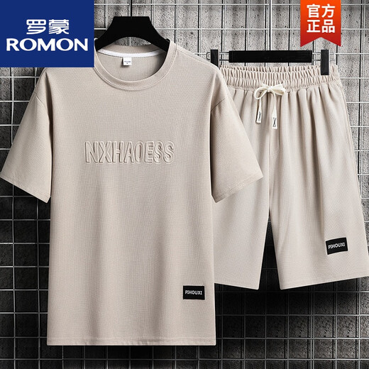 罗蒙（ROMON）休闲运动套装男夏季潮牌冰丝t恤薄款短裤大码短袖帅气搭配两件套 套装TZ829灰色上衣裤子 L 建议110130斤