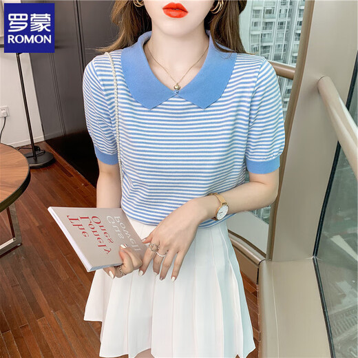 Romon striped doll collar short-sleeved T-shirt for women 2025 summer new ice silk sweater thin small age-reducing top DX691# yellow M Recommended 100-120Jin [Jin equals 0.5 kg]