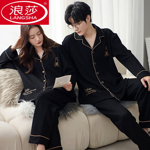 LangSha couple pajamas spring and autumn pure cotton long-sleeved casual men and women student dormitory autumn and winter home clothes for outdoor wear long sleeves M9856 L couple women + men L