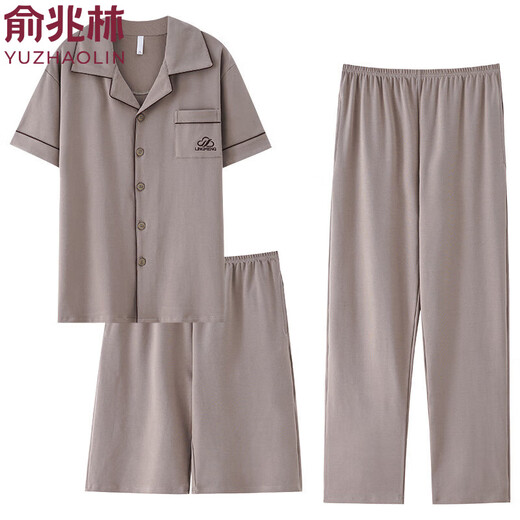 Yu Zhaolin Pajamas Summer de algodón puro de algodón puro set de tres piezas pantalones cortos de manga corta de algodón largo para casual