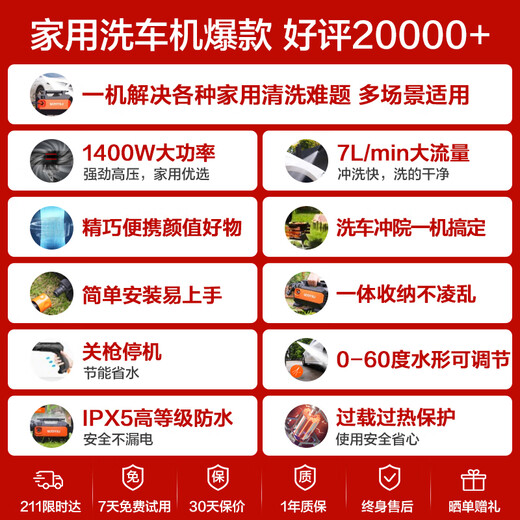 Yili high pressure car washing machine 1400W household cleaning machine high pressure car washing water gun car washing machine high pressure car washing pump 3012H-C