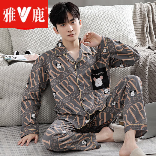 雅鹿睡衣男士春秋季长袖青少年休闲卡通薄款家居服夏天大码学生套装冬 9927:卡通口袋 L