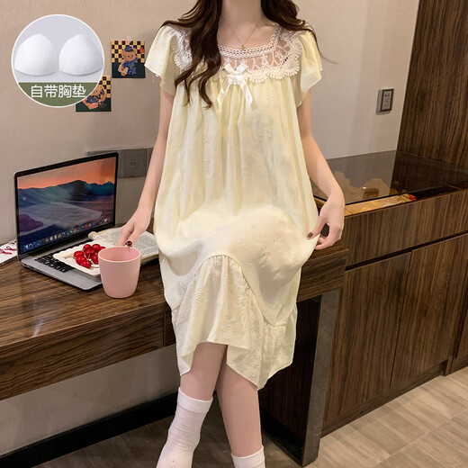 Xiangyaxin summer chest pad short-sleeved nightgown for women woven cotton 2024 new summer sweet princess style home clothes pajama thin 9901-4 color love M