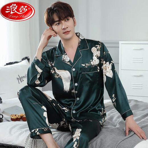 
LangSha (LangSha) Internet celebrity men's pajamas spring and autumn ice silk long sleeve trousers home clothes with real silk sense set M6625 L [100-140Jin [Jin equals 0.5 kg]]