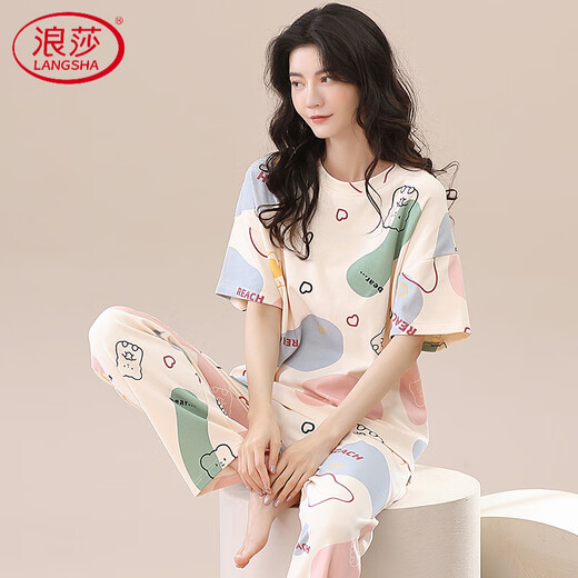 浪莎（LangSha）高档2025年新款睡衣女夏纯棉短袖长裤款女士家居服薄款两件套装 ZH-9721 M