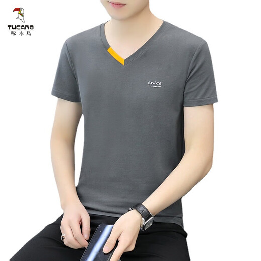 
Woodpecker (TUCANO) T-shirt for men's new short-sleeved V-neck Korean slim-fit men's base shirt half-sleeved casual summer T-shirt top trendy T 693 dark gray XL