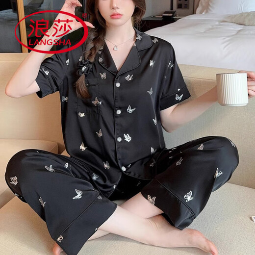 
LangSha pajamas for women in summer thin cool ice silk short-sleeved trousers ins wind high-value butterfly printed home clothing set YFY-9905 [short-sleeved trousers] M [recommended 80-100 Jin [Jin equals 0.5 kg]]