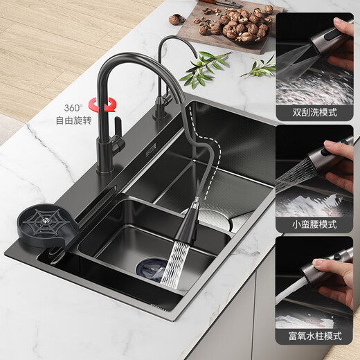 九牧枪灰色家用水槽加厚SUS304不锈钢手工大单槽厨房洗菜盆洗碗槽水池 标准套餐+圆形抽拉龙头 680*450mm需要左排水联系客服