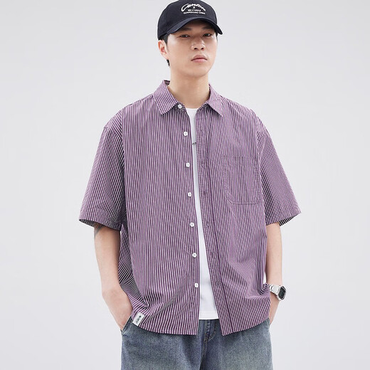 Pinstripe purple American short-sleeved shirt men's summer thin style 2025 new small patch pocket five-point sleeve work shirt Green Z983 XL [130-150Jin [Jin equals 0.5 kg]]