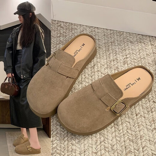 Flat untere Halbschneider für Frauen, die 2025 neue Frühling ein-Fuß-Birken-Schuhe faul schwangere Frauen einzelne Schuhe Khaki 38