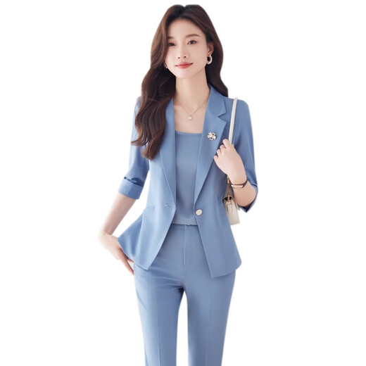 Jian Ting suit suit for women 2026 summer new professional wear temperament casual small suit thin jacket front desk work clothes cyan suit + suspenders + nine-point pants L 100-109Jin Jin equals about 0.5 kg