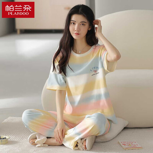 Langsha 2025 pijama para mujeres en primavera y verano algodón puro pantalones de manga corta delgada coreana lindo arco iris contrastante de color de ropa para el hogar