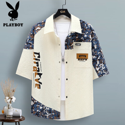 花花公子（PLAYBOY）泡泡纱冰感短袖衬衫男士夏季薄款速干凉感青少年拼色工装衬衣外套 旗舰官方精品】LH-TZ686套装黑色 XL