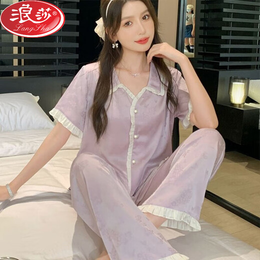 浪莎（LangSha）宫廷风甜美少女蕾丝花边睡衣女春夏季2025冰丝短袖长裤家居服套装 高品质-YFY-9905【短袖长裤】 M 【建议80-100斤】