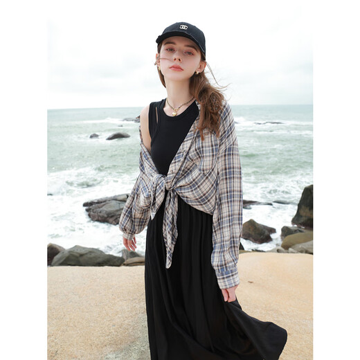 Sancai 2025 new summer style easy-care shirt texture plaid shirt casual loose mid-length shirt M