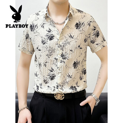 花花公子（PLAYBOY）冰丝修身短袖薄款碎花衬衫男士夏季休闲免烫垂感中袖衬衣时尚男装 BK679黑色 L