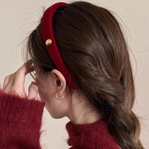 Uplifting burgundy velvet headband for women, autumn and winter temperament, gold label hairpin, New Year's atmosphere headband, small oval, gold label, red